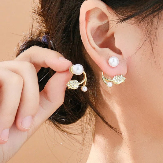 Korean Pearl Cat Designer Earrings – Elegant Gold Plated Cute Studs - Kala Jewels