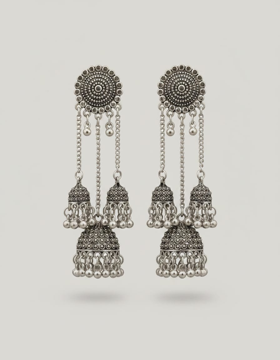 Oxidised Silver Multi - Layer Jhumka Earrings - Kala Jewels