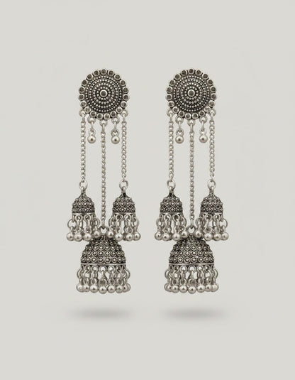 Oxidised Silver Multi - Layer Jhumka Earrings - Kala Jewels