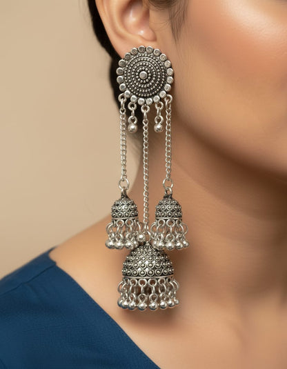 Oxidised Silver Multi - Layer Jhumka Earrings - Kala Jewels