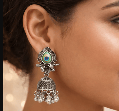 Peacock Motif Oxidised Silver Jhumka Earrings - Kala Jewels