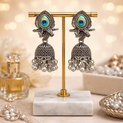 Peacock Motif Oxidised Silver Jhumka Earrings - Kala Jewels