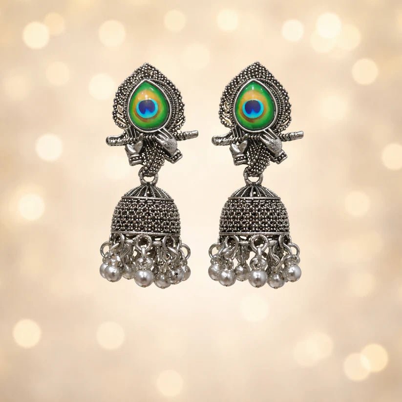 Peacock Motif Oxidised Silver Jhumka Earrings - Kala Jewels