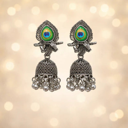 Peacock Motif Oxidised Silver Jhumka Earrings - Kala Jewels