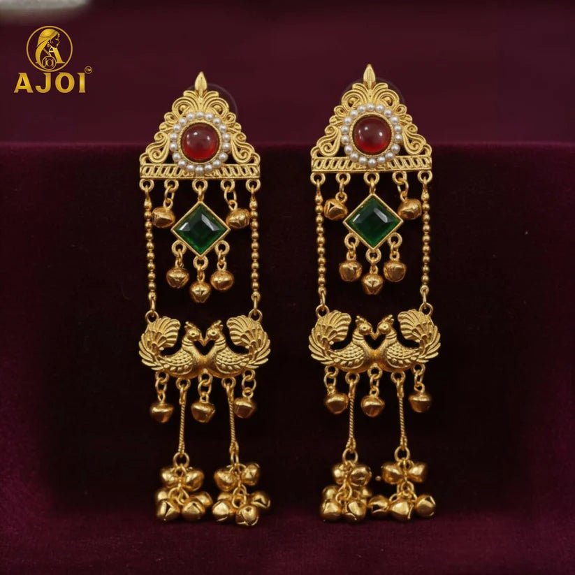 Royal Kashmiri Peacock Jhumka Earrings with Red & Green Stone - Kala Jewels