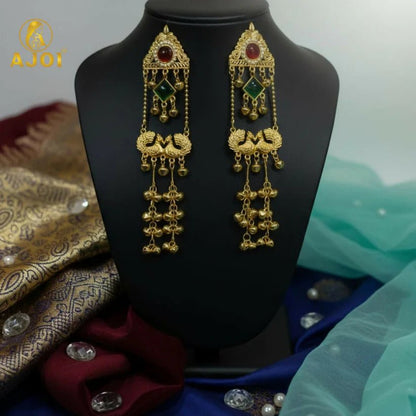 Royal Kashmiri Peacock Jhumka Earrings with Red & Green Stone - Kala Jewels