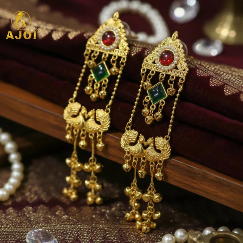 Royal Kashmiri Peacock Jhumka Earrings with Red & Green Stone - Kala Jewels