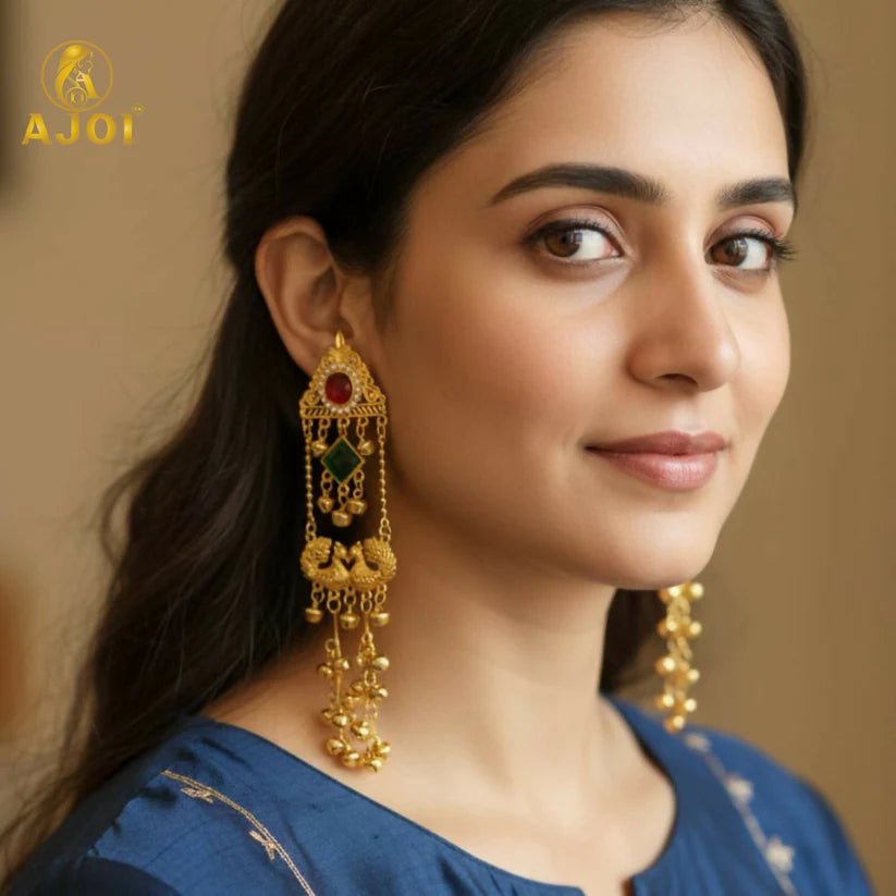Royal Kashmiri Peacock Jhumka Earrings with Red & Green Stone - Kala Jewels
