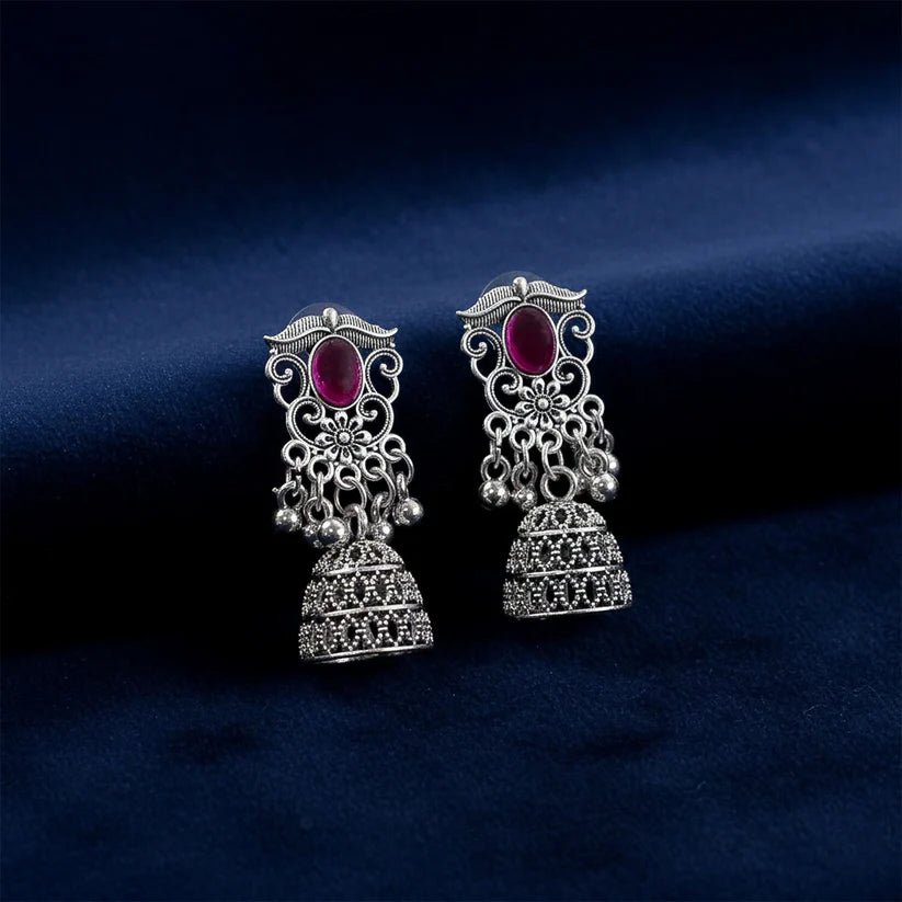 Royal Oxidised Silver Jhumka Earrings with Ruby Stone - Kala Jewels