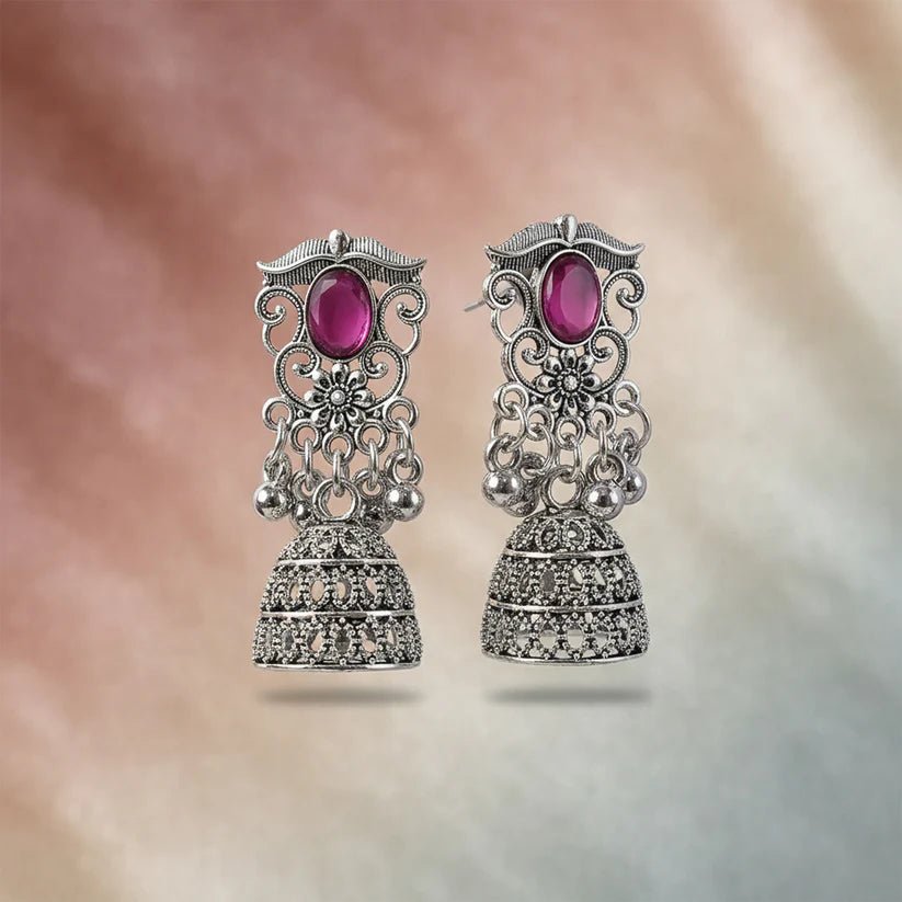 Royal Oxidised Silver Jhumka Earrings with Ruby Stone - Kala Jewels