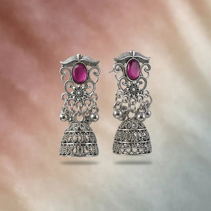 Royal Oxidised Silver Jhumka Earrings with Ruby Stone - Kala Jewels