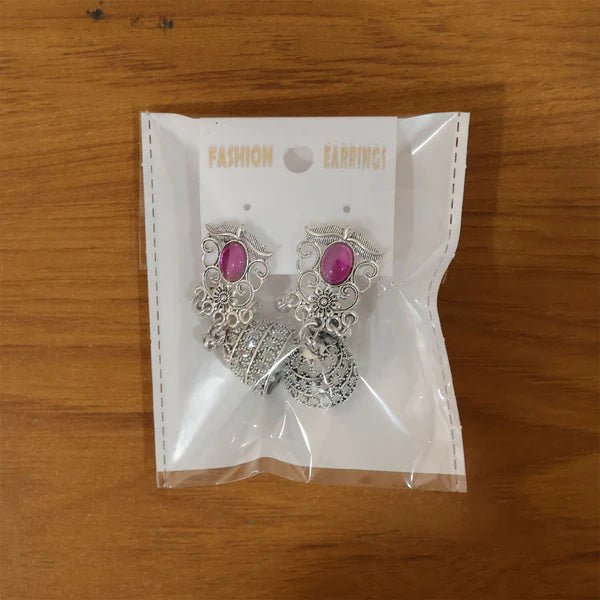 Royal Oxidised Silver Jhumka Earrings with Ruby Stone - Kala Jewels