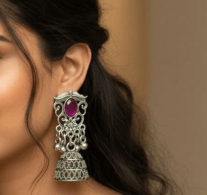 Royal Oxidised Silver Jhumka Earrings with Ruby Stone - Kala Jewels