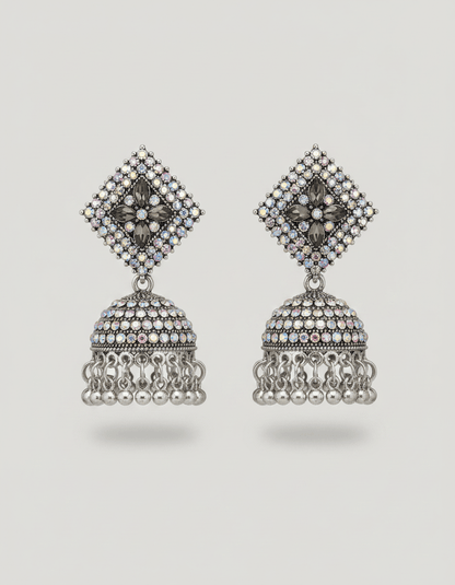 Stunning silver Jhumka earrings with bold square - shaped top - Kala Jewels