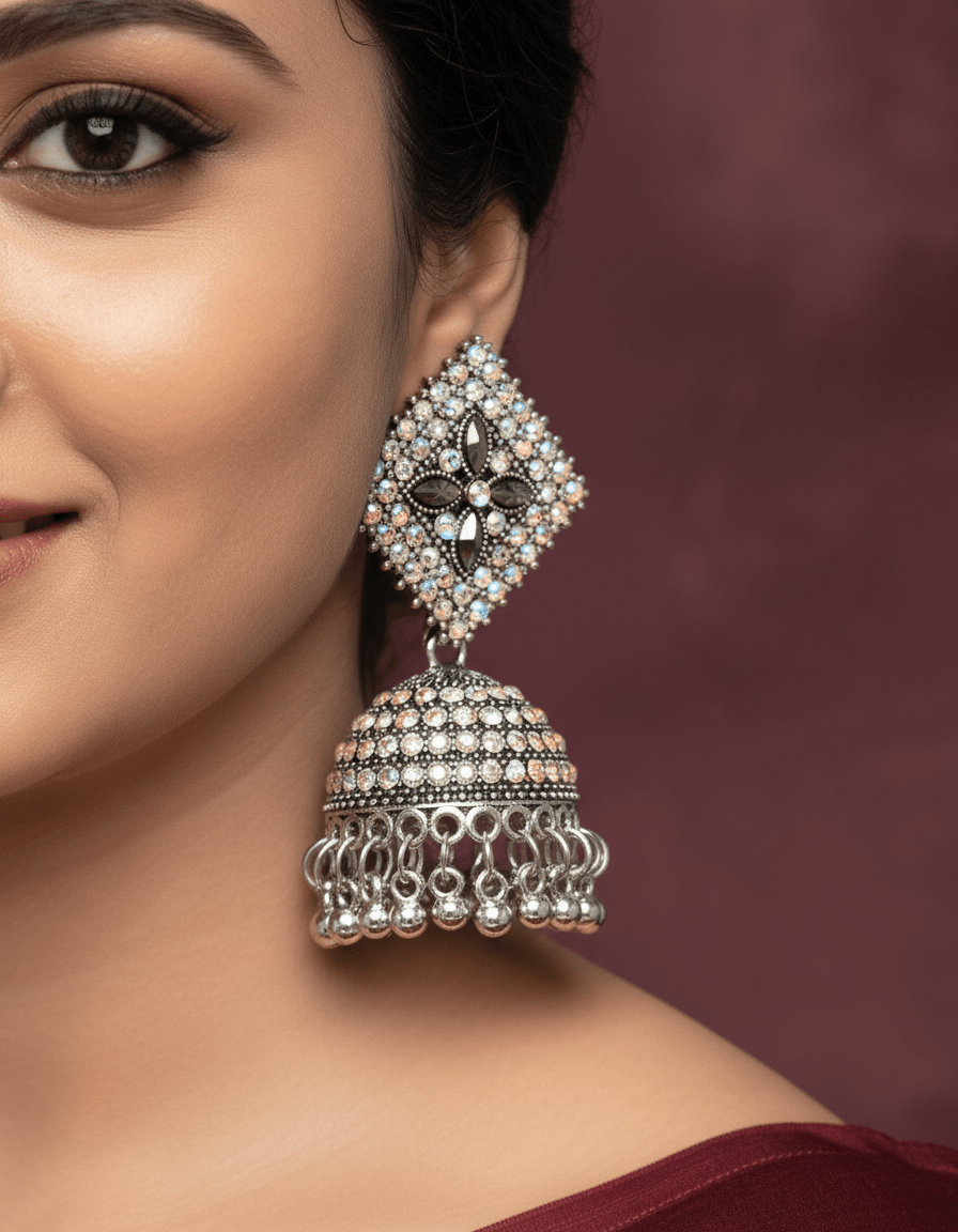 Stunning silver Jhumka earrings with bold square - shaped top - Kala Jewels