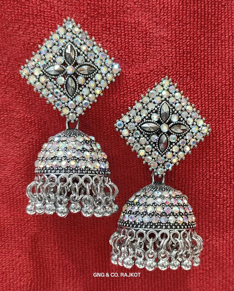 Stunning silver Jhumka earrings with bold square - shaped top - Kala Jewels