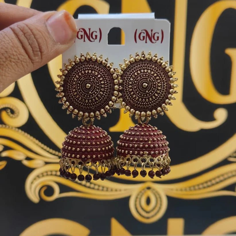 Traditional Elegant oxidised Jhumka Earrings in Maroon colour - Kala Jewels