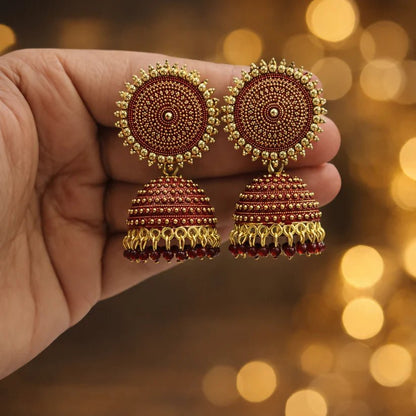 Traditional Elegant oxidised Jhumka Earrings in Maroon colour - Kala Jewels
