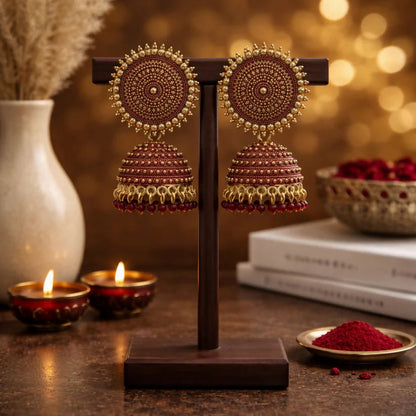 Traditional Elegant oxidised Jhumka Earrings in Maroon colour - Kala Jewels