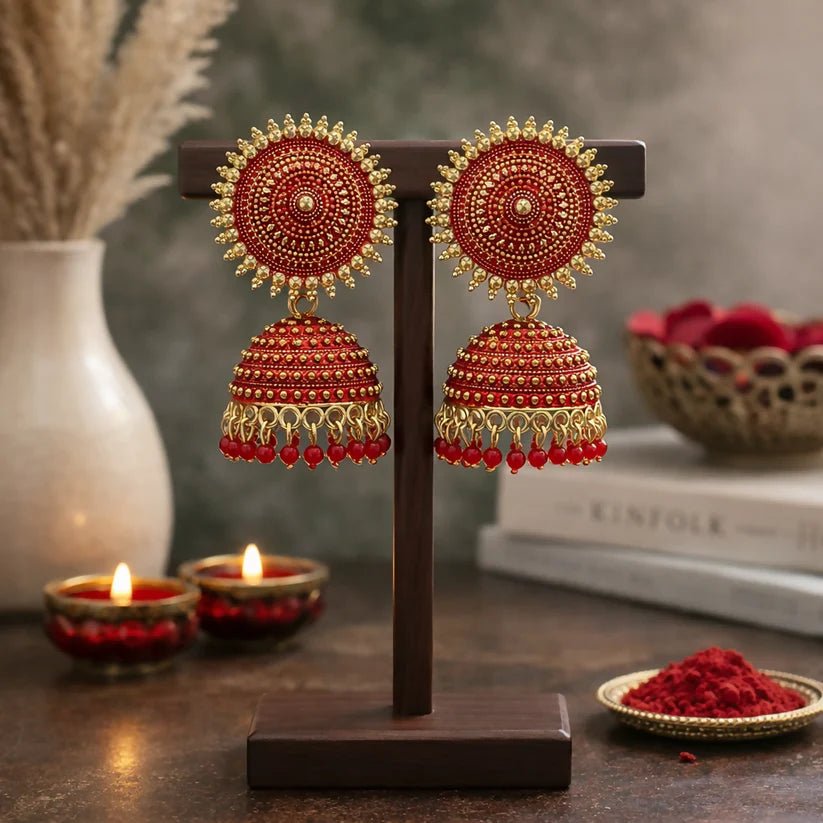 Traditional Elegant oxidised Jhumka Earrings in Red colour - Kala Jewels