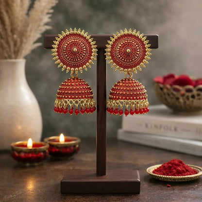 Traditional Elegant oxidised Jhumka Earrings in Red colour - Kala Jewels