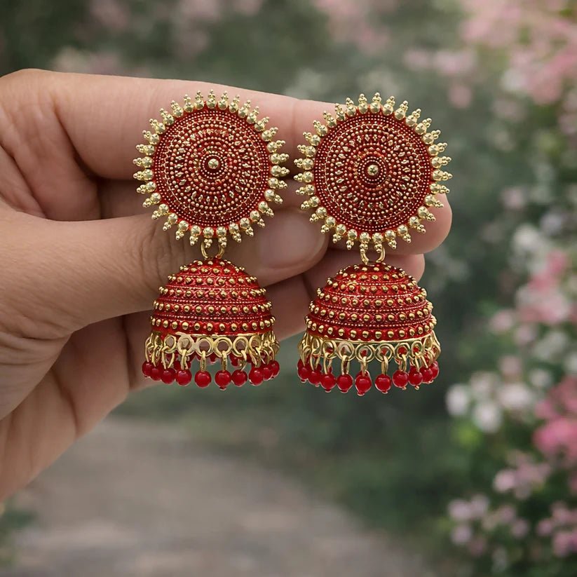Traditional Elegant oxidised Jhumka Earrings in Red colour - Kala Jewels