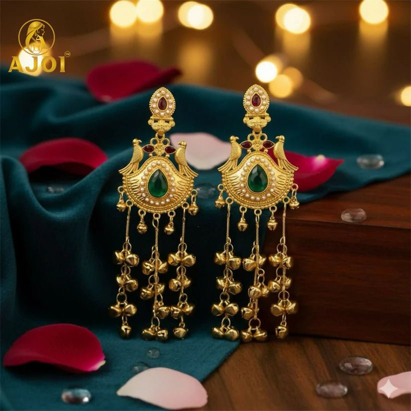 Traditional Kashmiri Gold - Plated Jhumka Earrings with Green Stone & Ghungroo Drops - Kala Jewels