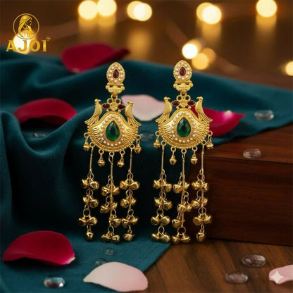 Traditional Kashmiri Gold - Plated Jhumka Earrings with Green Stone & Ghungroo Drops - Kala Jewels