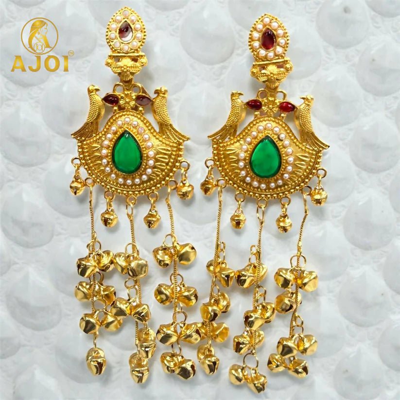 Traditional Kashmiri Gold - Plated Jhumka Earrings with Green Stone & Ghungroo Drops - Kala Jewels