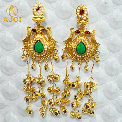 Traditional Kashmiri Gold - Plated Jhumka Earrings with Green Stone & Ghungroo Drops - Kala Jewels