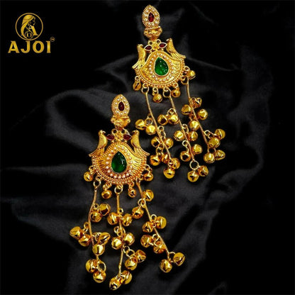 Traditional Kashmiri Gold - Plated Jhumka Earrings with Green Stone & Ghungroo Drops - Kala Jewels
