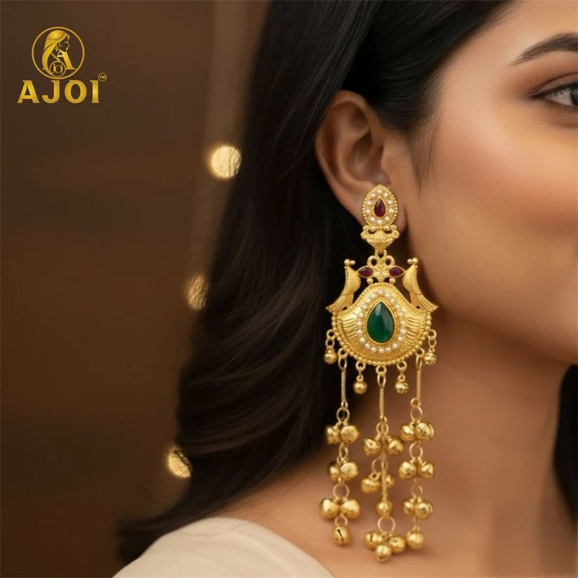 Traditional Kashmiri Gold - Plated Jhumka Earrings with Green Stone & Ghungroo Drops - Kala Jewels