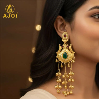 Traditional Kashmiri Gold - Plated Jhumka Earrings with Green Stone & Ghungroo Drops - Kala Jewels