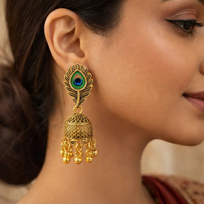 Traditional Oxidised Peacock feather Jhumka Earrings - Kala Jewels