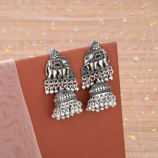 Traditional Silver Look Elephant Jhumka Earrings - Kala Jewels
