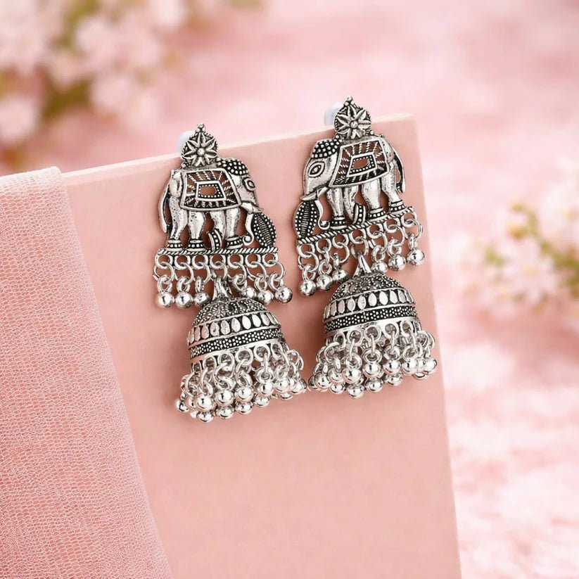 Traditional Silver Look Elephant Jhumka Earrings - Kala Jewels