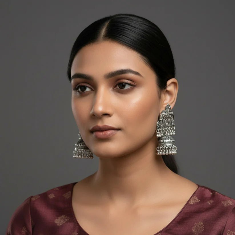 Traditional Silver Look Elephant Jhumka Earrings - Kala Jewels