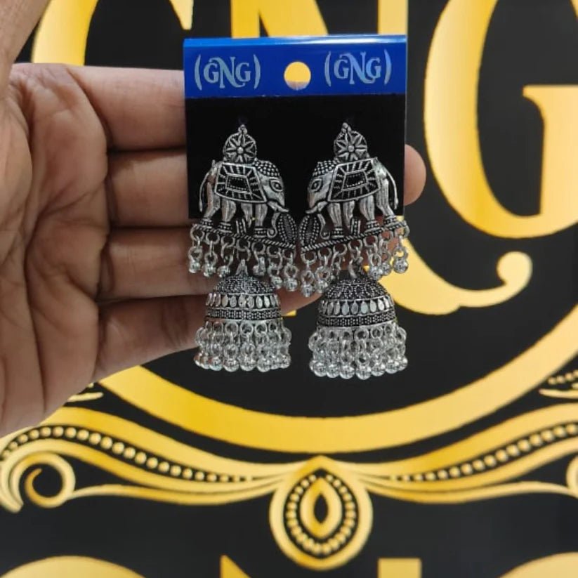Traditional Silver Look Elephant Jhumka Earrings - Kala Jewels