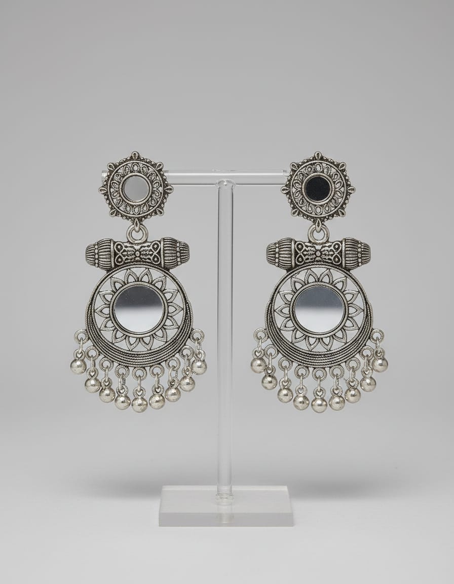 Vintage Mirror - Work Oxidised Statement Earrings - Kala Jewels
